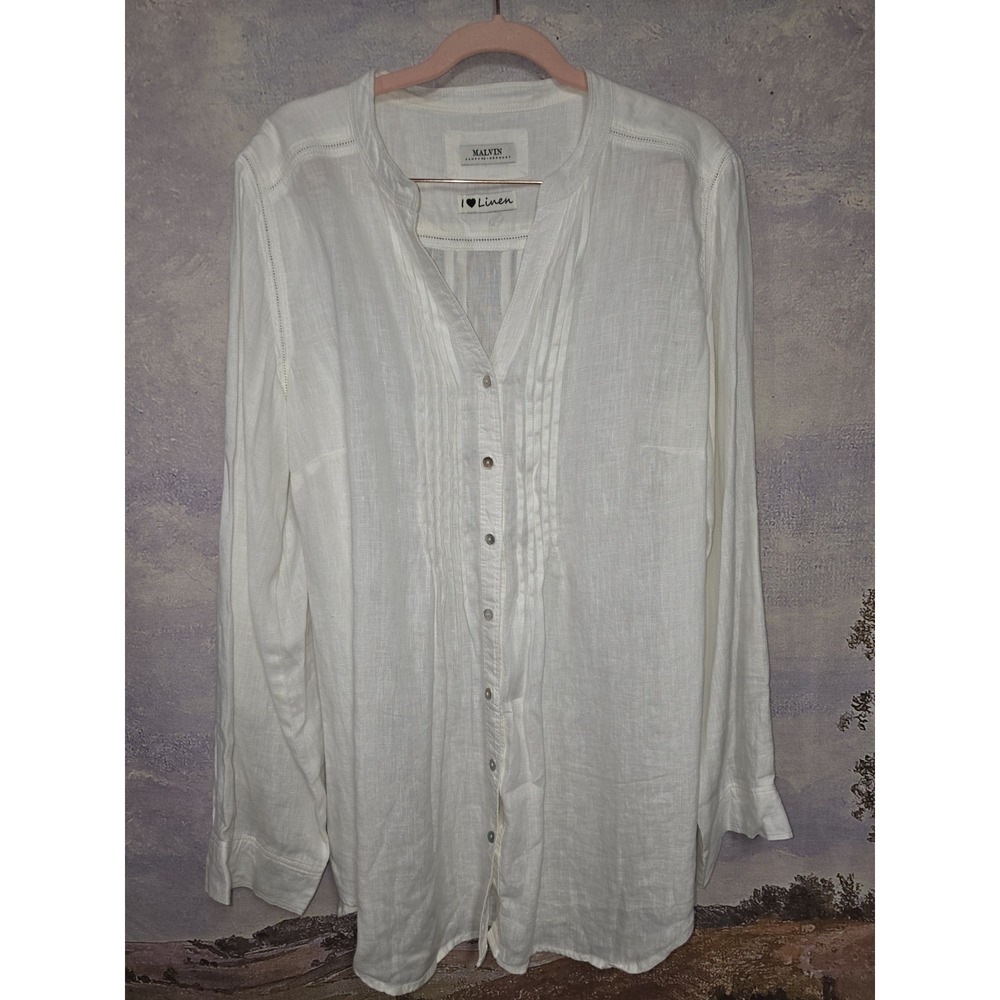 Malvin Hamburg White "I Love Linen" Pintuck Pleat Lace Tunic Blouse Size L